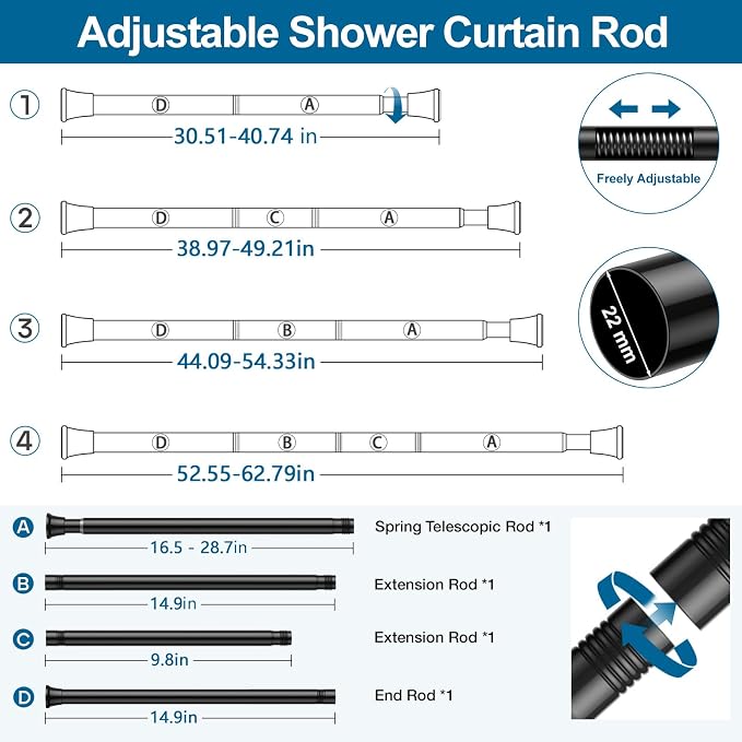 1Pack Tension Rods 31-62 Inch, Spring Loaded Curtain Rods Non-slip, Expandable Curtain Rod Tension No Drilling, Curtain Tension Rod For Window, Doorway, Kitchen, Tension Curtain Rod Black