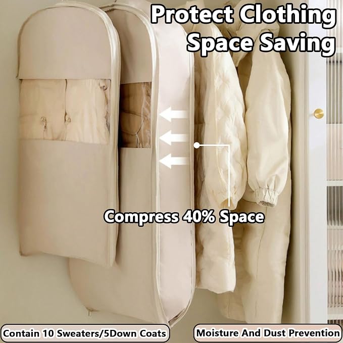 Space Saving Hanging Garment Bag with Self Compression Zipper，Dust Cover Clothes Bags for Down Coat,Dress,Suit，Closet Storage Organizer for Home Travel Use(Pink, Medium)