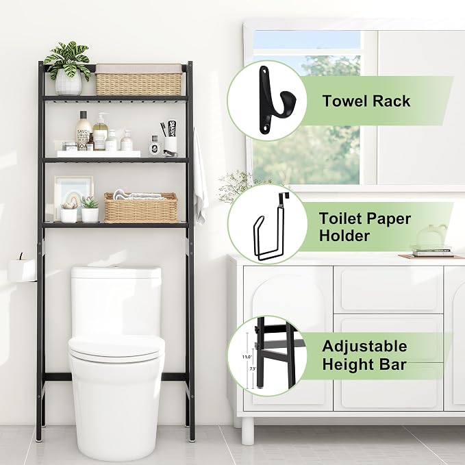 MallKing Over The Toilet Bathroom Organizer, Wooden 3-Tier Over-The-Toilet Storage Rack Bathroom Space Saver Organizer, Freestanding Above Toilet with Toilet Paper Holder and Hooks (Black)