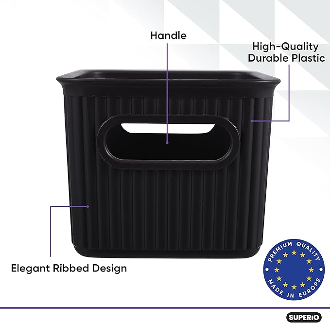 Superio Ribbed Collection - Decorative Plastic Basket Open Home Storage Bins Organizer, Small Brown (2 Pack) Container Boxes for Organizing Closet Storage Bins for Shelves Drawer Shelf 1.5 Liter