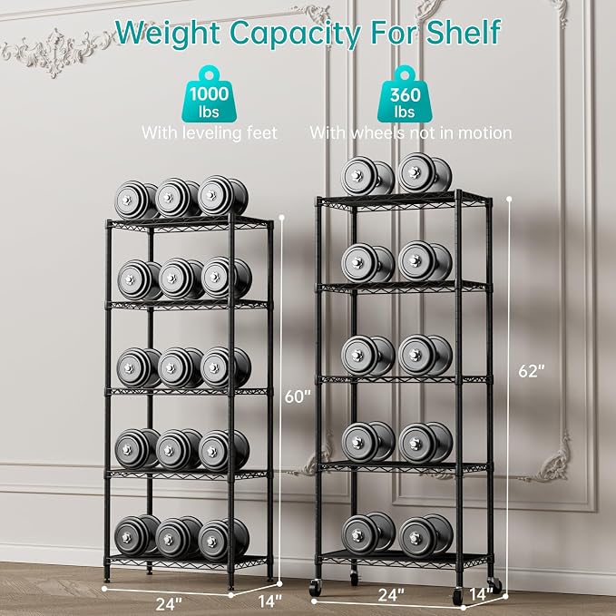 SINGAYE 5 Shelves Storage Wire Shelf Closet Metal Shelving Pantry Wheels | Shelf Bathroom Organizers Metal Kitchen Garage Shelving Unit Laundry Room Organization Home Rack Net Basket with Wheels