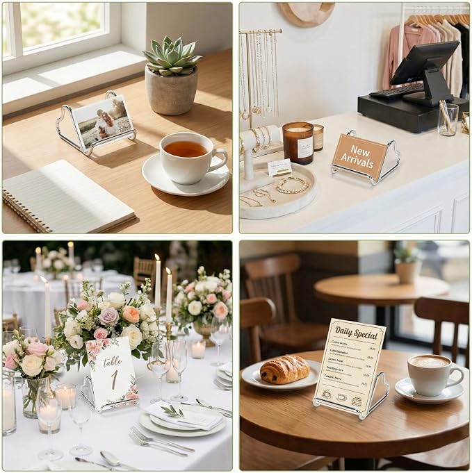 Qomamount Business Card Holder,Cute Heart-Shaped Metal Card Display Stand,Vertical Desktop Name Card Organizer,Small Phone Stand & Photo Holder for Office,Wedding,Reception,Exhibition(Silver)