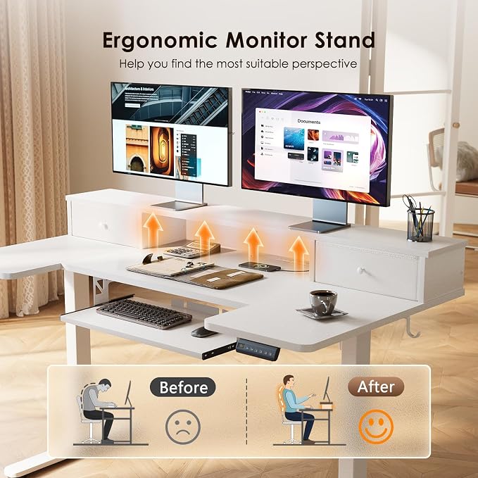 OffiGo 55 Inch U Shape Standing Desk with Keyboard Tray & Drawers, White | 3 Outlets & 2 USB Ports, Dual-Monitor Stand, 10 Colors & 10 LED Modes, 3 Presets, 28.3"-46.5"in Range, 154 lb Capacity