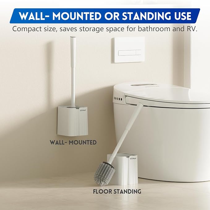 Y-in Hand 2 Pack Silicone Toilet Brush, Soft Toilet Bowl Brush Set for Deep Cleaning. Bathroom RV Accessories with Long Handle, Wall mountable. - White