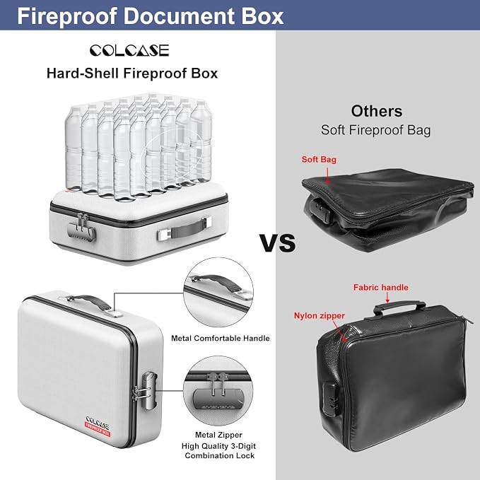 COLCASE Fireproof Document Organzier with Lock, Hard Fireproof Document Box | Hard-Shell Fireproof Waterproof Document Box with Combination Lock Grey