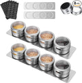 Set of 8 Magnetic Spice Tins with 2 Metal Wall-Plates, 100 Preprinted Labels, 3 oz Clear Lid Jars for Kitchen Refrigerator Storage