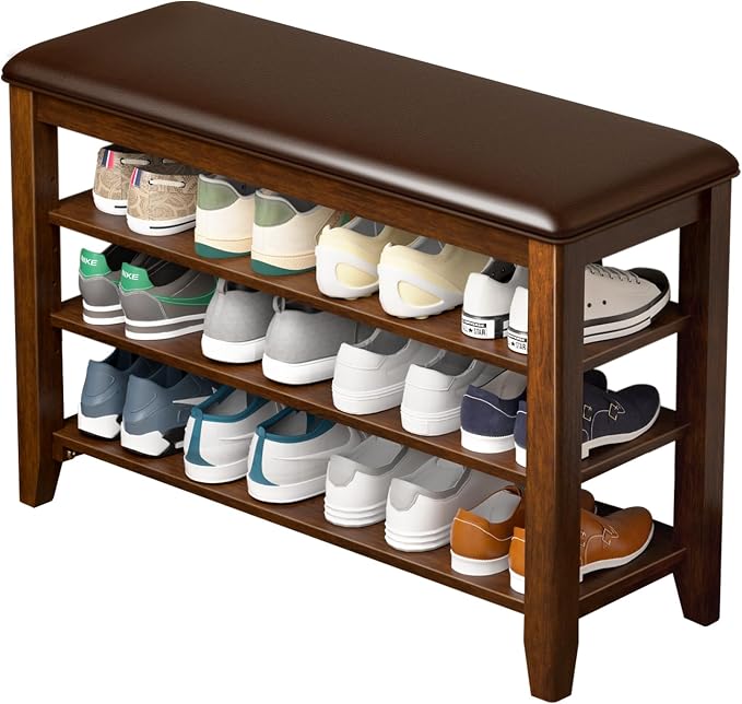 Taitiy Entryway Shoe Storage Bench, Shoe Organizer Bench for Entryway, Ideal for Hallways Front Doors Entrances Mudrooms Featuring Rubberwood and 3 Height-Adjustable and Removable Shelve