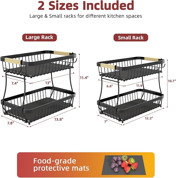 Sevenblue 2-Tier Fruit Basket with Banana Hangers, Detachable Metal Bowl | Wooden handle, protective mats included. Versatile holder for bread, snacks, and veggies. 2-Pack 2 tier metal design.