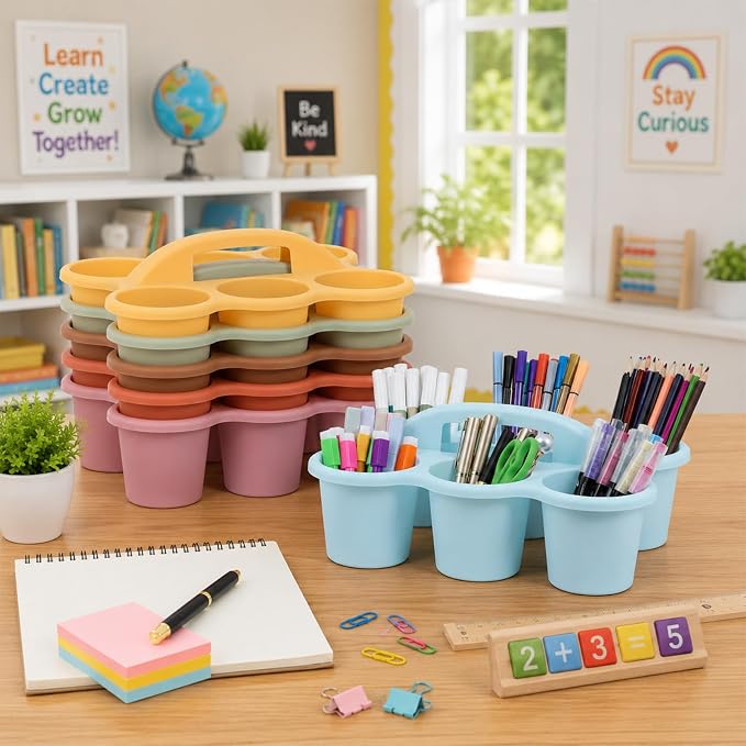 Plastic Caddy with Handle Set of 6 Classroom Caddy Organizer Cup Caddies Water Bottle Storage Crayon Caddies Plastic Cup Holder Drink Carrier for School Home Office Supplies(Groovy)
