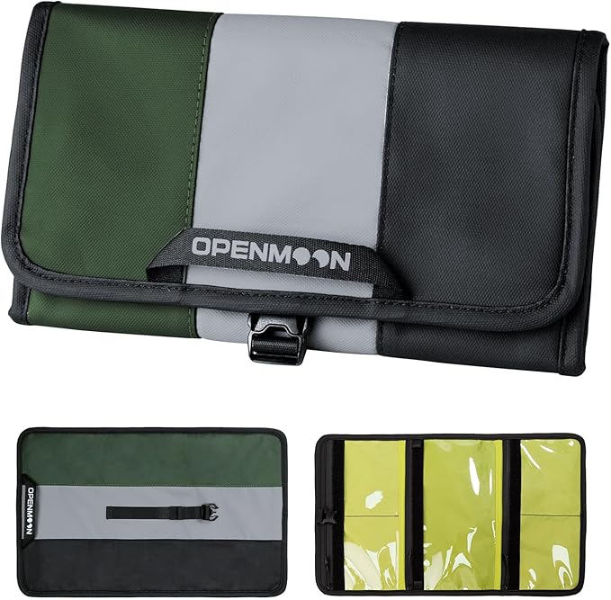 OPENMOON Multi-Purpose Storage Bag, Tri-Fold Design, 5 Compartments, Splash-Proof, for Cables, Toiletries, Makeup(Dark Green+Gray+Black)