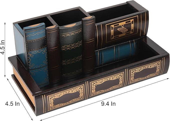 Decorative Pencil and Pen Holder with Storage Drawer, Wooden Desk Organizer Caddy, Antique Library Books Design Pen Cup for Office Supplies, Countertop, Desk,Table (Reddish brown)