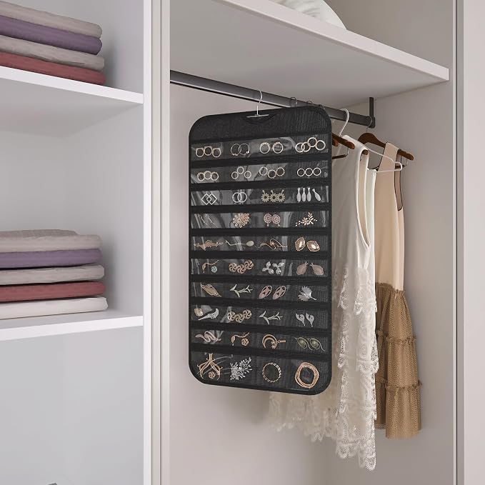 Hanging Jewelry Organizer, 80-Pocket Double-Sided Storage, 2-Pack, Black and Beige