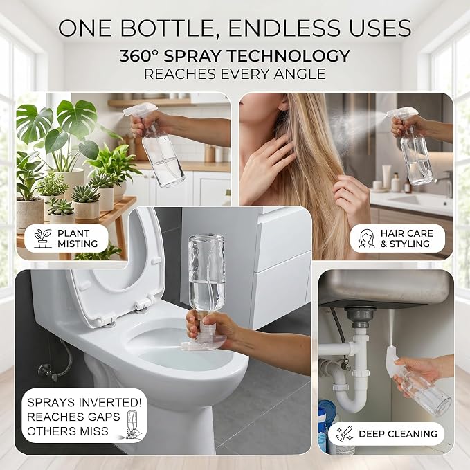 12oz Glass Spray Bottles 2 Pack, 360° Any-Angle Spraying | Refillable Leak-proof Bottles with Adjustable Nozzle; Ideal for Cleaning, Essential Oils, Plants & Hair Care