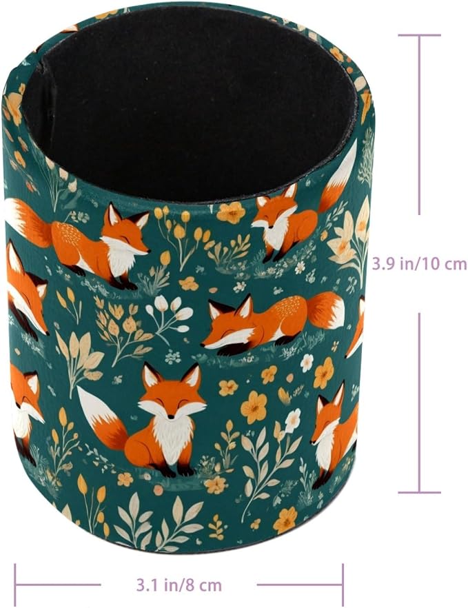 Faux Leather Pen Holder for Desk, Pencil Organizer Cartoon Little Fox Pen Cup Desk Decor Makeup Brush Holder Storage for Office Home