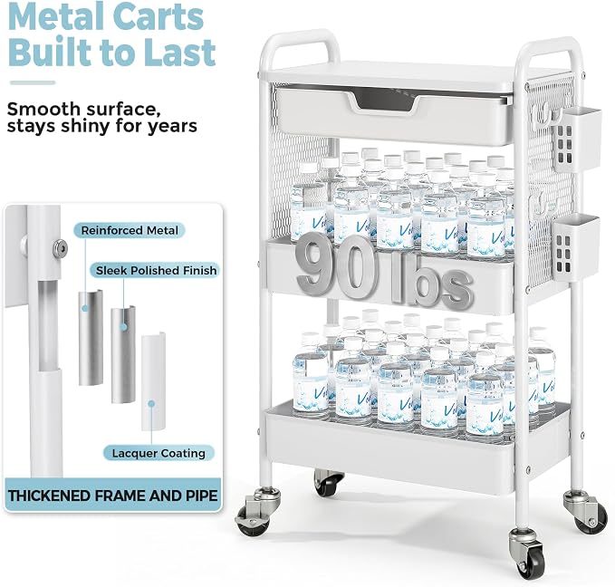3 Tier Metal Rolling Utility Cart with Drawer & Pegboard - Multifunctional Storage Cart on Wheels with Tabletop, Hooks & Basket, Sturdy Craft & Art Cart for Bathroom, Bedroom, Children Room, White