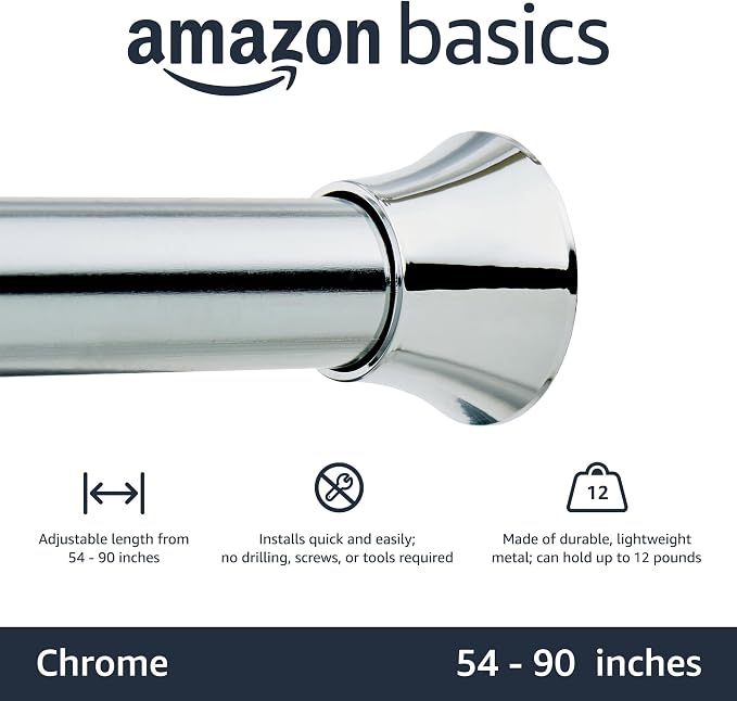 Amazon Basics No Drill Spring Tension Curtain Rod, Adjustable 54-90" Width, Chrome, Classic Finial