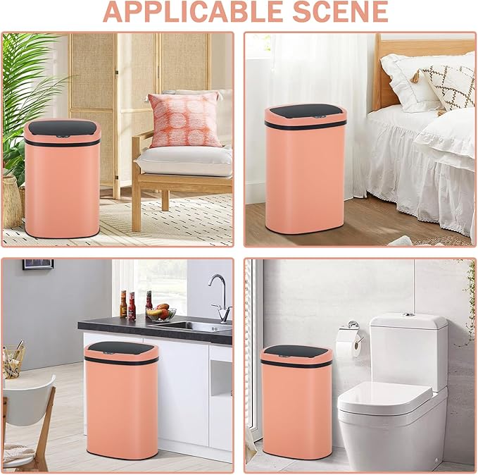 Bigacc 13 Gallon Stainless Steel Trash Can Automatic Trash Can Garbage Can Bathroom Garbage Can with Lid for Kitchen Living Room Office Bathroom, Electronic Motion Sensor Automatic, Pink