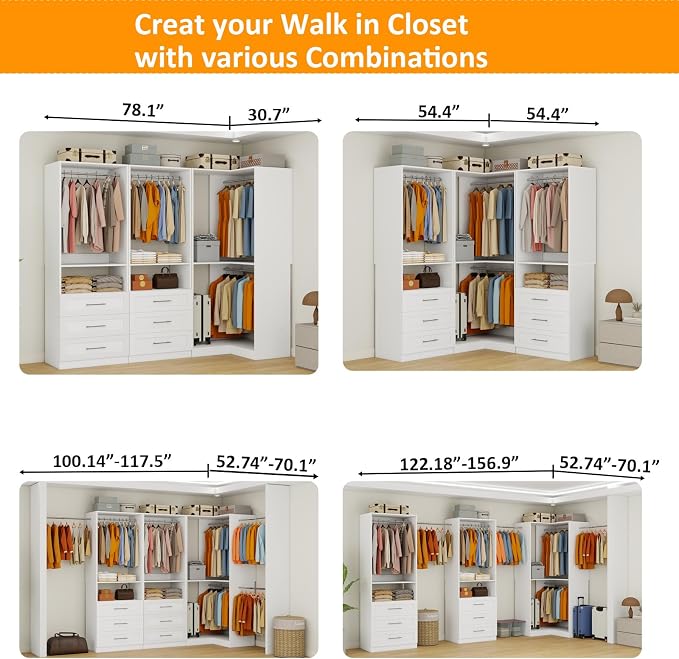 Closet System with 6 Wooden Drawers, 6.5-16FT Corner Closet Organizer System for Walk in Closet, Heavy Duty Modular Closet Systems, Built-in Shelving System with 7 Hanging Rods (CL070909)