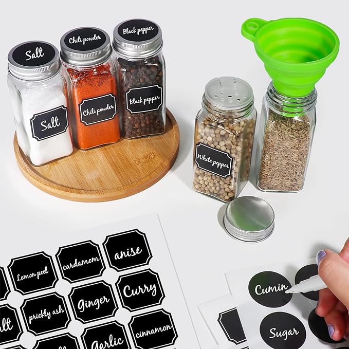 CycleMore 48 Pack 4oz Glass Spice Jars with Metal Caps and Shaker Lid | Airtight, Lead-Free, BPA Free Square Spice Containers - 80pcs Black Labels,1pcs Silicone Collapsible Funnel and 2 Brushes