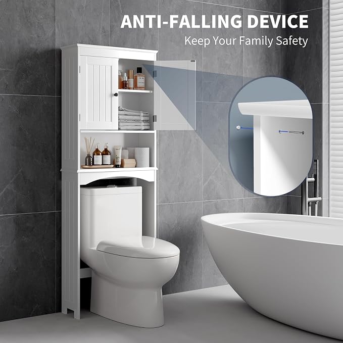 Bealife Over The Toilet Storage Cabinet with Open Shelf - White | Over Toilet Bathroom Organizer with Adjustable Shelf and Double Doors, Space Saver Free Standing Storage Shelf for Bathroom