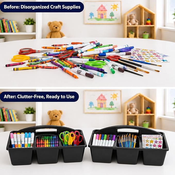 6 Pack Assorted Colors 6 Compartment Classroom Caddy with Handle Portable Plastic Storage Classroom Caddies Organizer for Classrooms Supply Teacher Office Table Desk(Black)