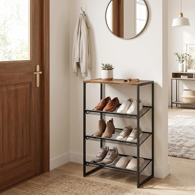 Shoe Rack for Entryway,4 Tier Shoe Shelf，Sturdy Shoe Storage Organizer,Boot Rack with a Fine Mesh Shelves，for Living Room, Hallway，Small Space,11.8 x 16.5 x 27.9 Inches,Brown