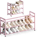 Bumusty 3-Tier Expandable Shoe Rack for Closet, 18“-33” Adjustable Shoe Rack for Small Space, Small Shoe Organizer for Front Door, Sturdy Metal, Pink