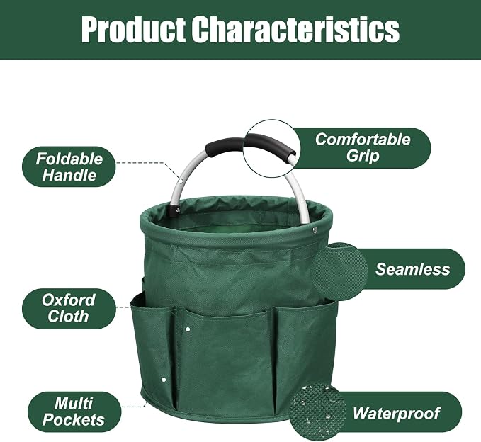 Qivine 17L Cleaning Caddy with Handle, Cleaning Supply Caddy, Foldable Tool Bag Cleaning Products Organizer, Portable Cleaning Bucket Caddy for Cleaning Supplies (Green)