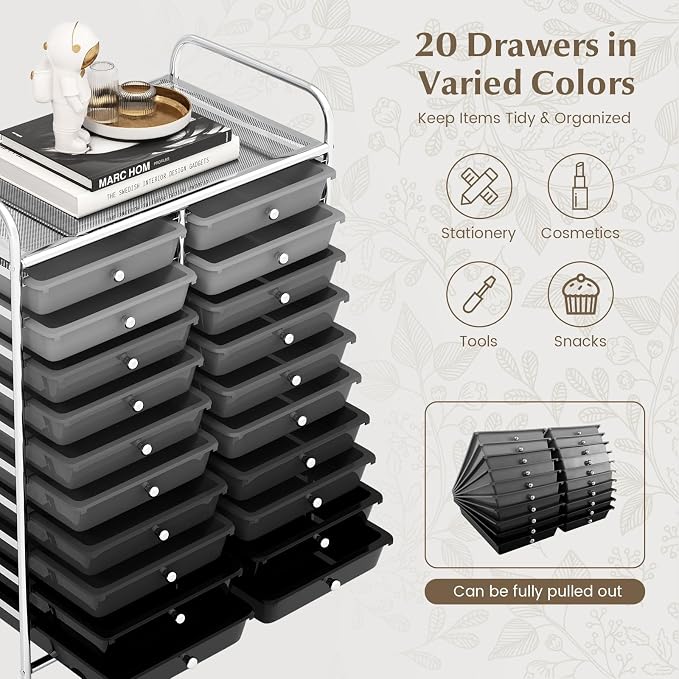 LDAILY 20-Drawer Rolling Storage Cart, Rolling Storage Cart, Storage Organizer on Wheels, Metal Frame, Scrapbook Paper Tools, Suitable for Office School, Classroom (Gradient Grey, 20 Drawer)