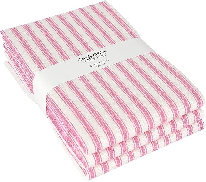 Stripe Kitchen Towels With Hanging Loop - Boho Absorbent Dish Towels Set of 3 - Festive Gift 18x28 Inch Reusable Pantry Decor - Trendy Spring French Pink