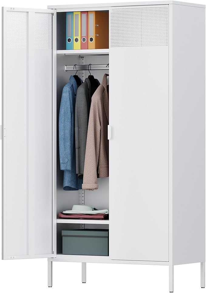 Ustamio 71 Inches White Metal Wardrobe Cabinet with Hanging Rod, Metal Armoire Wardrobe Closet with Doors for Bedroom, Office, Laundry Room and Changing Room, Metal Locker Cabinet