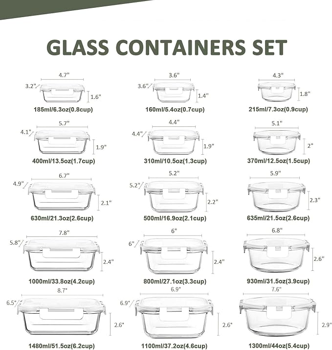 KOMUEE 30 Pieces Glass Food Storage Containers Set, Glass Meal Prep Containers Set with Snap Locking Lids, Airtight Glass lunch Containers, Microwave, Oven, Freezer & Dishwasher,White
