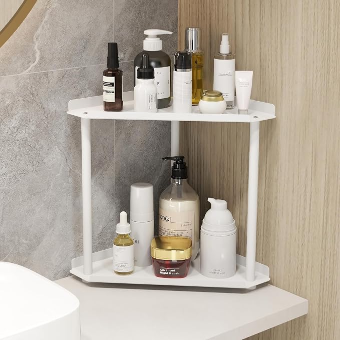 Jesginboo 2 Tier Bathroom Counter Organizer, Vanity Organizer Corner Shelf | Skincare, Makeup Countertop Organizers, Kitchen, Bathroom Counter Storage, White