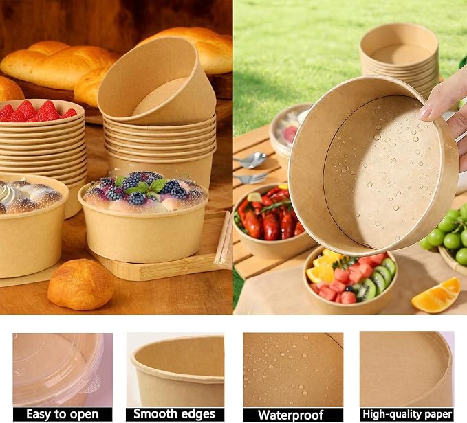 25 Pack 25oz Disposable Kraft Paper Bowls with Lids and Forks, Meal Prep Containers Disposable Soup Serving Bowls Take Out Containers for Party, Microwave Safe for Hot/Cold Food (Round)