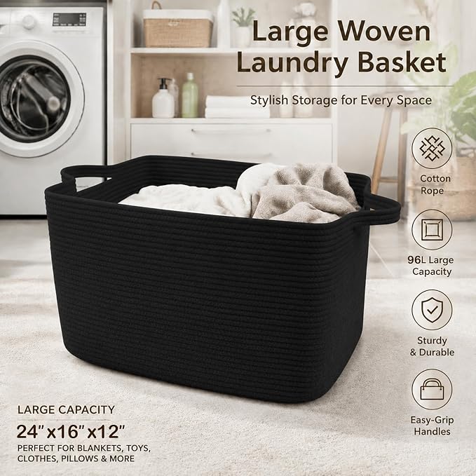 96L Extra Large Black Cotton Rope Laundry Basket with Sturdy Handle | 24x16x15 Foldable Rectangular Blanket Basket for Toys, Clothes & Pillows,Ideal for Nursery, Bathroom, Bedroom, Living Room