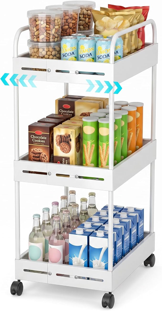 3 Tier Expandable Rolling Storage Cart, Rolling Utility Cart with Wheels | Expandable Adjustable Width, Sturdy Metal Frame, Silent 360° Wheels, Storage for Bathroom, Kitchen, Laundry & Living room