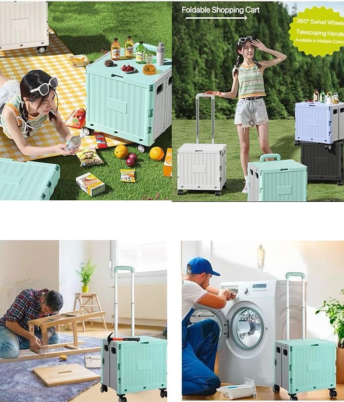 Foldable Rolling Utility Cart with Lid and Telescoping Handle,Collapsible Plastic Storage Crate with 360° Swivel Wheels,Portable Shopping Trolley for Groceries,Travel,Officeand Household Use (Green)