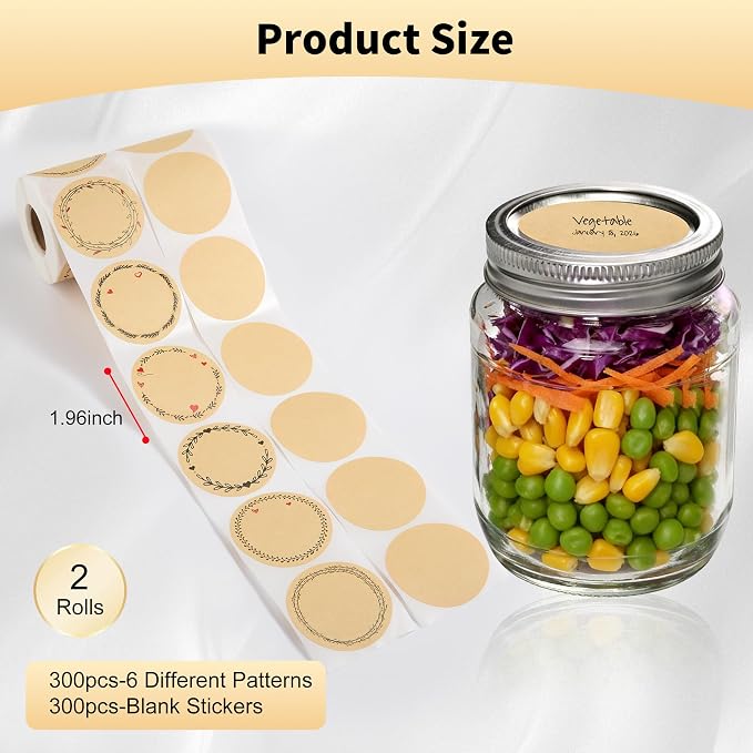 600-Pack 2" Round Kraft Stickers - 300 Elegant Floral Patterns + 300 Blank for Writing, Quick-Peel, Ideal for Pantry Organization, Mason Jars, Spice Jars, Gift Wrapping & DIY Crafts (2 Rolls)