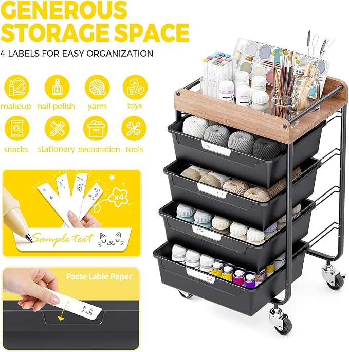 SYKIARIOL Utility Cart with 4 Labeling Drawers and Wooden Tabletop – Rolling Storage Cart for Crafters, Artists, Kids, Teachers, and Students – Organize Arts, Crafts, Sewing & Study Supplies