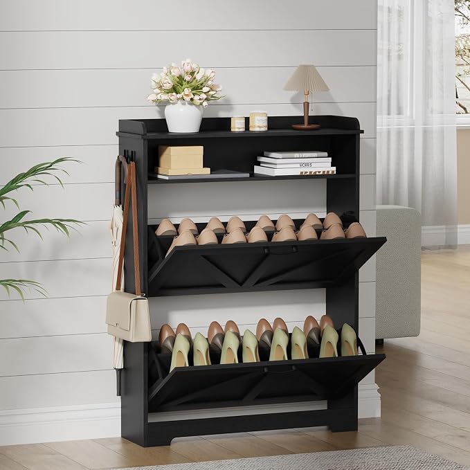 Shoe Cabinet with 2 Flip Drawers, Farmhouse Narrow Shoe Cabinet Organizer with 2 Adjustable Shelves & 2 Hooks, Shoe Rack for Entryway, Foyer, Hallway, Black, 31.5" W x 8.7" D x 41.7" H