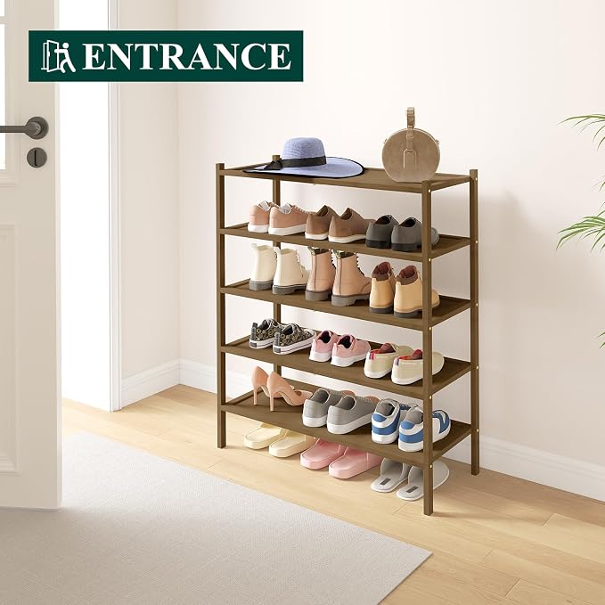 Smiry Bamboo Shoe Rack, 5 Tier Shoe Organizer for Entryway & Closet, Stackable Free Standing Storage Shelf for Shoes, Bags & Plants, Walnut