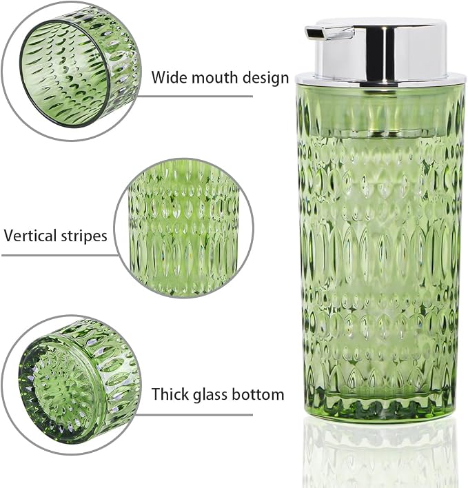 Foam Soap Dispenser, Glass Foaming Hand Soap Dispenser with Pump, 14 Oz Bathroom Refillable Liquid Lotion Pump Bottle Container for Kitchen Countertop Decor (1, Green Silver)