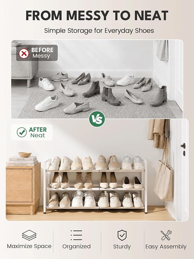 Bumusty 3-Tier Expandable Shoe Rack for Closet, 18“-33” Adjustable Shoe Rack for Small Space, Small Shoe Organizer for Front Door, Sturdy Metal, White