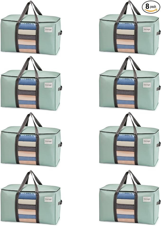 VENO 8 Pack Moving Bags with Clear Window, Heavy Duty Storage Bins with Lid, Around Handles, Tag, Zippers, Extra Large Totes Packing Moving Boxes Supplies for College Dorm Clothes (Light Green)