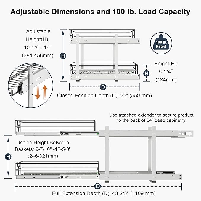 2 Tier Pull Out Cabinet Organizer - 14" W x 22" D Soft Close Slide Out Shelves with Shelf Liners - Pullout Drawers for Kitchen Cabinets, Pantry, Bathroom, Heavy Duty Steel Wire Baskets