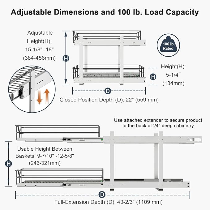 2 Tier Pull Out Cabinet Organizer - 20" W x 22" D Soft Close Slide Out Shelves with Shelf Liners - Pullout Drawers for Kitchen Cabinets, Pantry, Bathroom, Heavy Duty Steel Wire Baskets