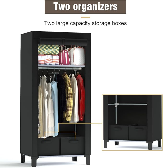Portable Closet Wardrobe Closet for Hanging Clothes with 3 Hanging Rods for Bedroom, Non-Woven Fabric Clothes Closet for Living Room Easy Assemble (Black, 2 Columns, 23.2 inch Width)