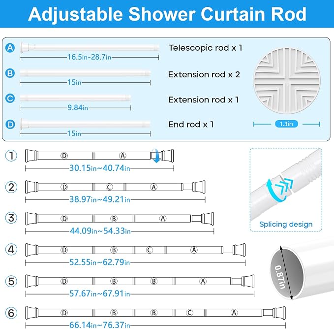 MEXAU 1 Pack Spring Tension Curtain Rods 31-76 Inch White Shower Curtain Rod No Drilling Adjustable Spring Loaded Curtain Rods 7/8" Diameter Shower Rods for Window Bathroom Closet Doorway Door