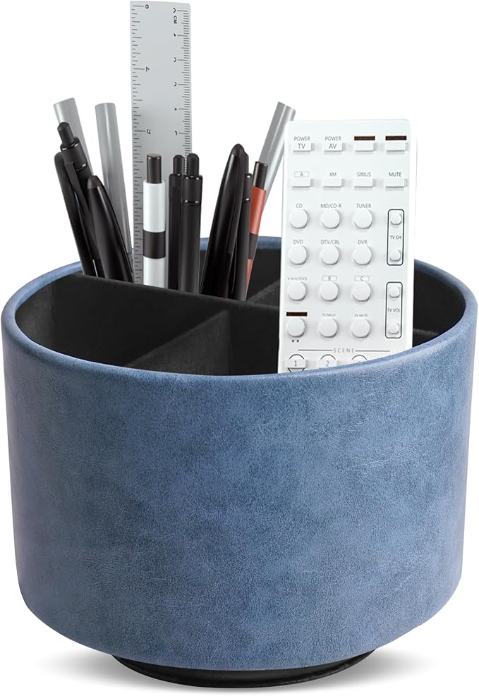 Round Leather Art Supply Organizer,Remote Control Holder,360 Degree Spinning,Multi-Functional Pencil Holder,4 Compartments Desktop Stationary Organizer(1-Oil Blue)