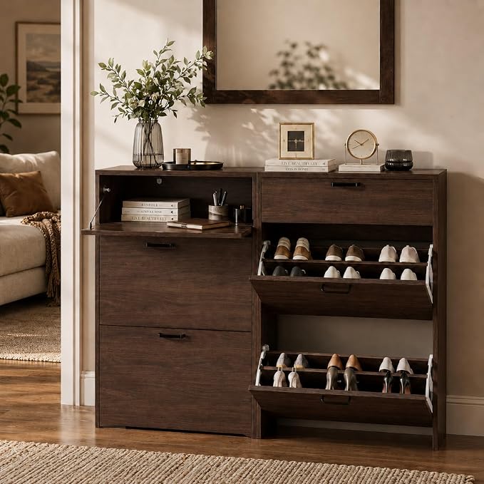 VINGLI Shoe Cabinet Storage for Entryway Ultra Slim with 2 Flip &1Drop-Down Drawers, 24.8" W Narrow Shoe Cabinet for Front Door Entrance,Freestanding Walnut Wood Shoes Organizer for Hallway